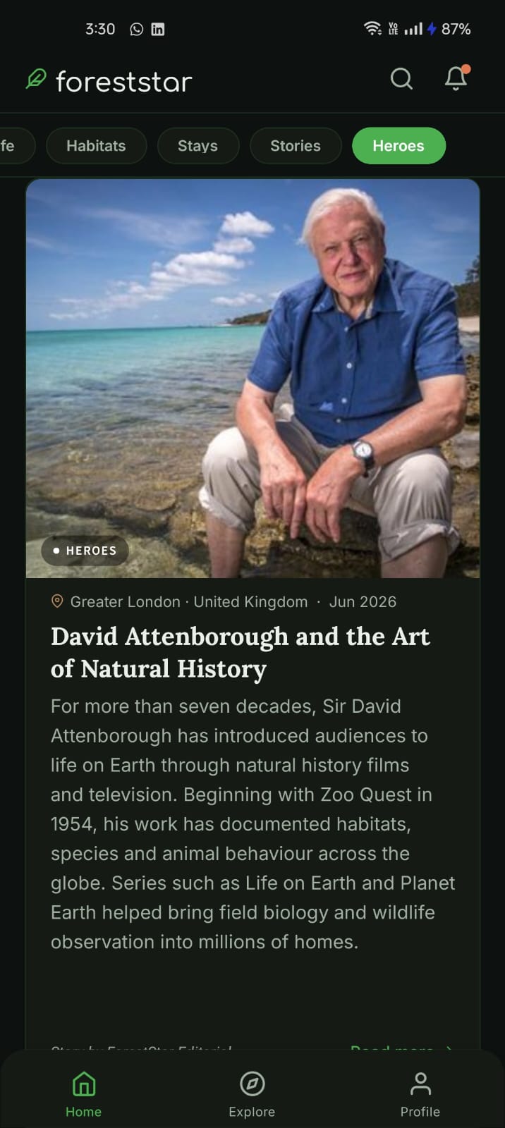 Heroes category showing David Attenborough article