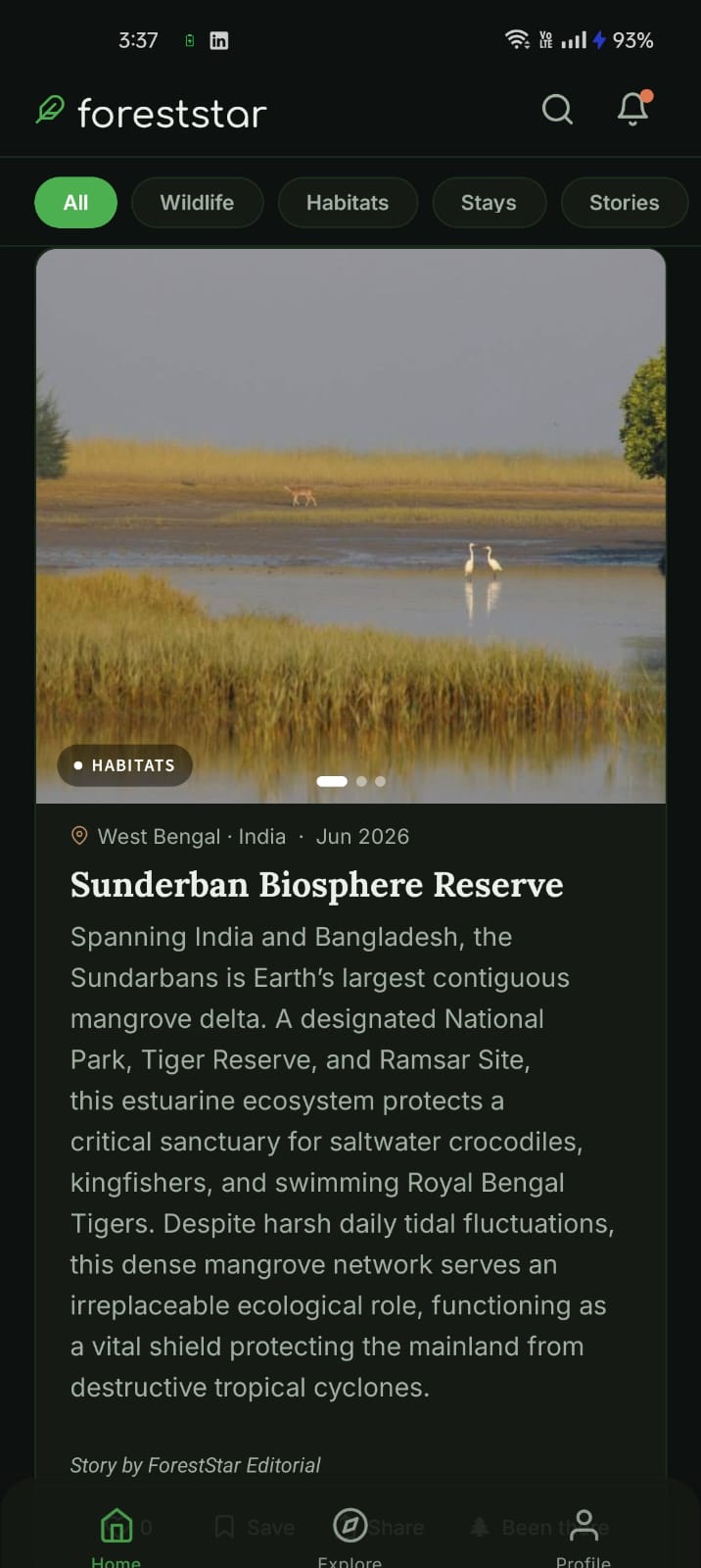 ForestStar app showing a wildlife story about Sunderban Biosphere Reserve