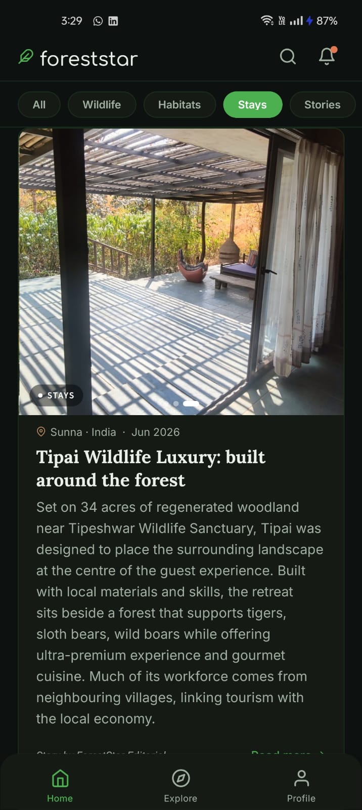Stays category showing Tipai Wildlife Luxury lodge