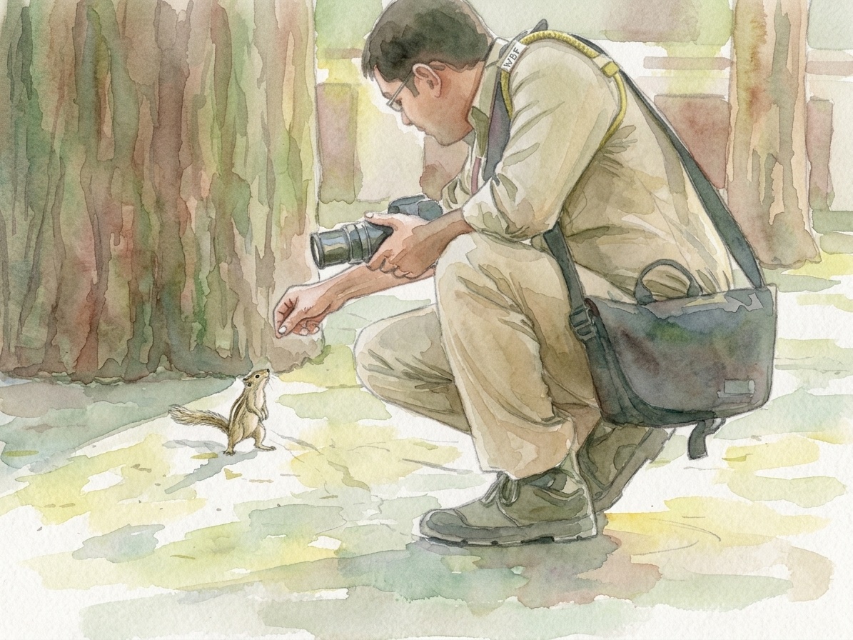 Watercolour illustration of Jayottam photographing a chipmunk in the forest